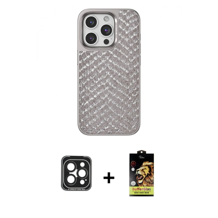 MARSİLYAN™- iPhone 15 Pro Max Kılıf Vadi Özel Seri - Siyah Buffer Cam Ekran Koruyucu + PVD Metal Kamera Lens - SH