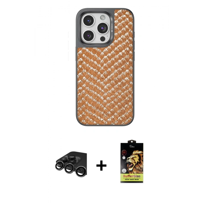 MARSİLYAN™- iPhone 15 Pro Max Kılıf Vadi Özel Seri - Siyah Buffer Cam Ekran Koruyucu + Titanyum Gri Raze Metal Kamera Lens