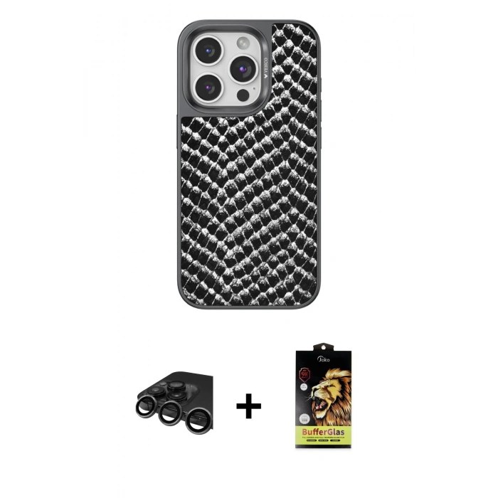 MARSİLYAN™- iPhone 15 Pro Max Kılıf Vadi Özel Seri - Siyah Buffer Cam Ekran Koruyucu + Titanyum Gri Raze Metal Kamera Lens