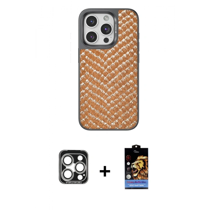 MARSİLYAN™- iPhone 15 Pro Max Kılıf Vadi Özel Seri - Siyah Buffer Hayalet Cam Ekran Koruyucu + PVD Metal Kamera Lens - GS
