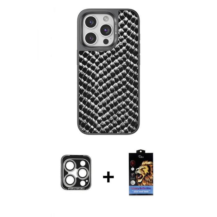 MARSİLYAN™- iPhone 15 Pro Max Kılıf Vadi Özel Seri - Siyah Buffer Hayalet Cam Ekran Koruyucu + PVD Metal Kamera Lens - GS