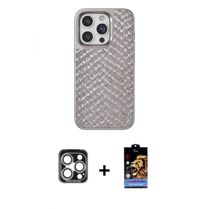 MARSİLYAN™- iPhone 15 Pro Max Kılıf Vadi Özel Seri - Siyah Buffer Hayalet Cam Ekran Koruyucu + PVD Metal Kamera Lens - GS