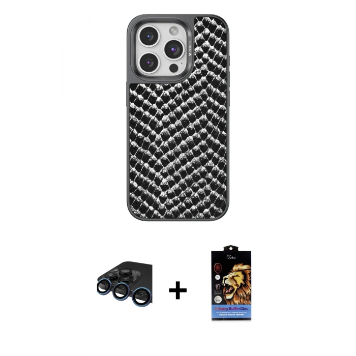 MARSİLYAN™- iPhone 15 Pro Max Kılıf Vadi Özel Seri - Siyah Buffer Hayalet Cam Ekran Koruyucu + Raze Metal Kamera Lens - LT