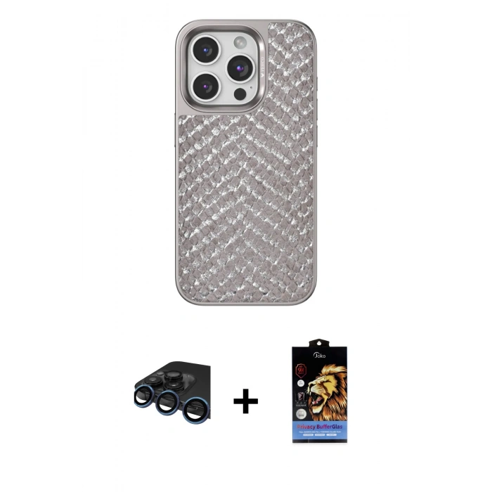 MARSİLYAN™- iPhone 15 Pro Max Kılıf Vadi Özel Seri - Siyah Buffer Hayalet Cam Ekran Koruyucu + Raze Metal Kamera Lens - LT