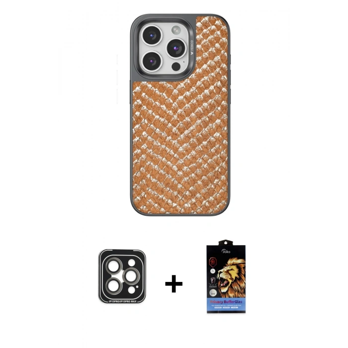 MARSİLYAN™- iPhone 15 Pro Max Kılıf Vadi Özel Seri - Siyah Buffer Hayalet Cam Ekran Koruyucu + PVD Metal Kamera Lens - GI