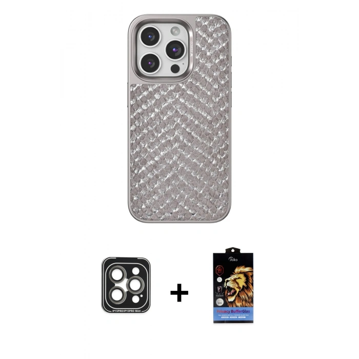MARSİLYAN™- iPhone 15 Pro Max Kılıf Vadi Özel Seri - Siyah Buffer Hayalet Cam Ekran Koruyucu + PVD Metal Kamera Lens - GI