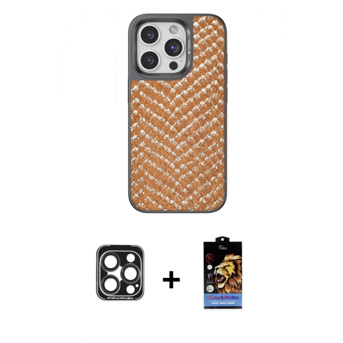 MARSİLYAN™- iPhone 15 Pro Max Kılıf Vadi Özel Seri - Siyah Buffer Hayalet Cam Ekran Koruyucu + PVD Metal Kamera Lens - LT