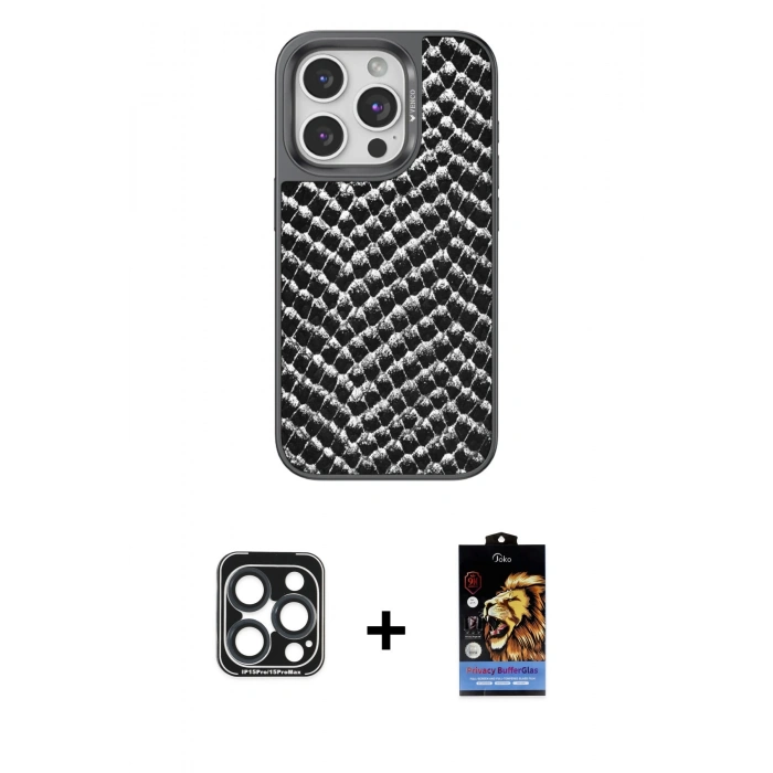 MARSİLYAN™- iPhone 15 Pro Max Kılıf Vadi Özel Seri - Siyah Buffer Hayalet Cam Ekran Koruyucu + PVD Metal Kamera Lens - LT