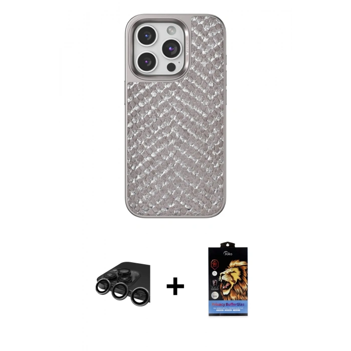 MARSİLYAN™- iPhone 15 Pro Max Kılıf Vadi Özel Seri - Siyah Buffer Hayalet Cam Ekran Koruyucu + Raze Metal Kamera Lens - TMGI