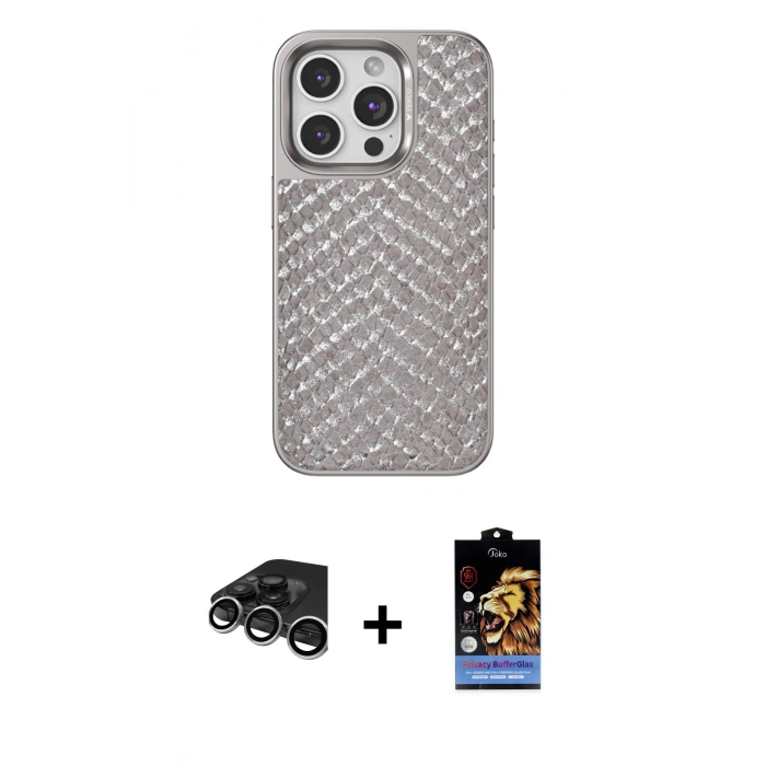 MARSİLYAN™- iPhone 15 Pro Max Kılıf Vadi Özel Seri - Siyah Buffer Hayalet Cam Ekran Koruyucu + Raze Metal Kamera Lens - GS