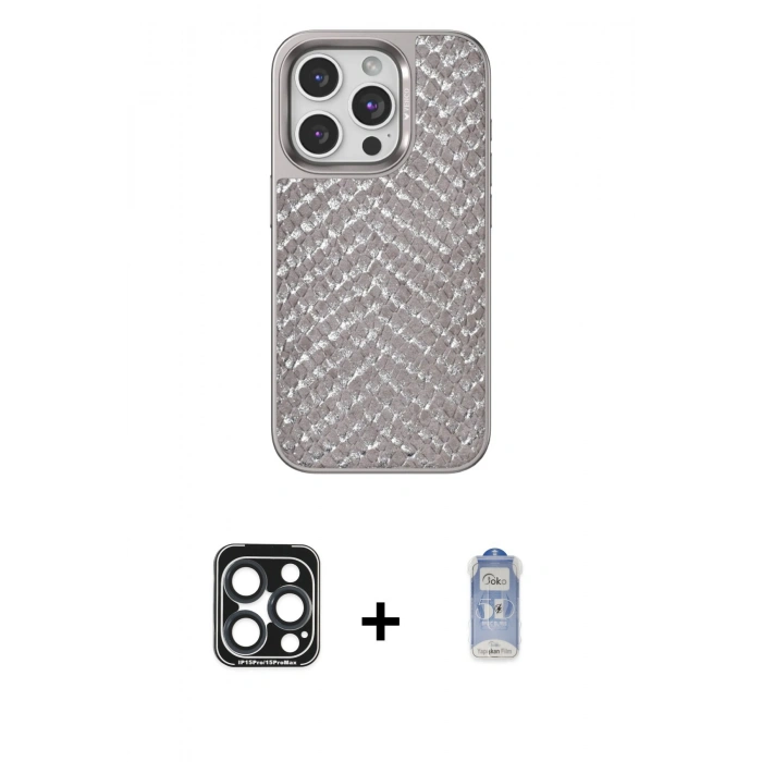MARSİLYAN™- iPhone 15 Pro Max Kılıf Vadi Özel Seri - Siyah Joko Magic 5D Cam + Lacivert PVD Metal Kamera Lens