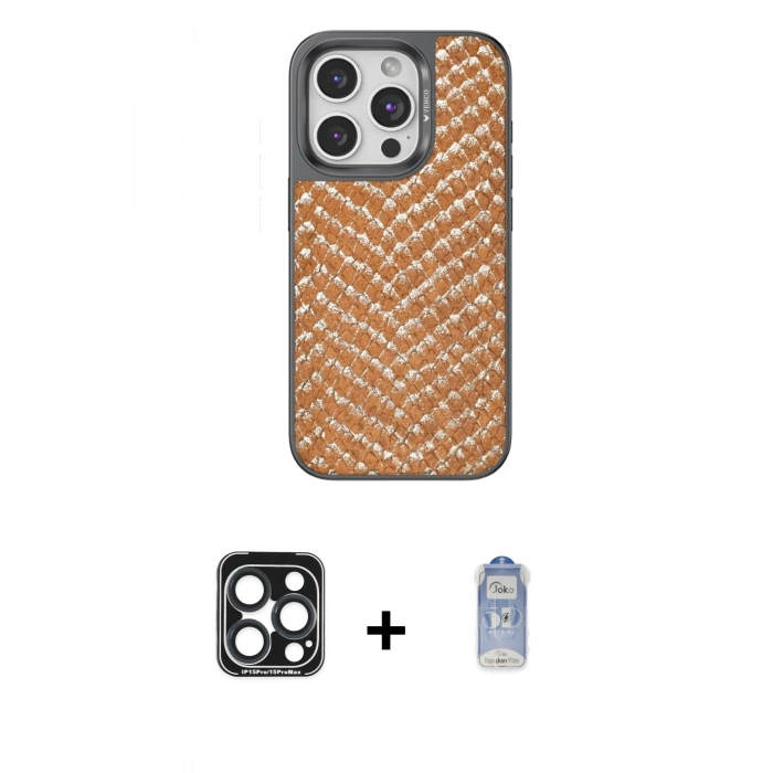 MARSİLYAN™- iPhone 15 Pro Max Kılıf Vadi Özel Seri - Siyah Joko Magic 5D Cam + Lacivert PVD Metal Kamera Lens