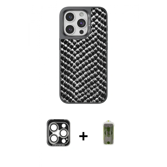 MARSİLYAN™- iPhone 15 Pro Max Kılıf Vadi Özel Seri - Siyah Joko Magic 5D Hayalet Cam + PVD Metal Kamera Lens - GS