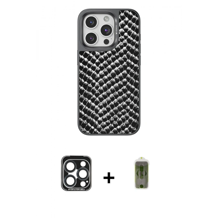 MARSİLYAN™- iPhone 15 Pro Max Kılıf Vadi Özel Seri - Siyah Joko Magic 5D Hayalet Cam + PVD Metal Kamera Lens - LT