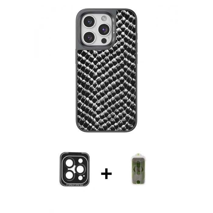 MARSİLYAN™- iPhone 15 Pro Max Kılıf Vadi Özel Seri - Siyah Joko Magic 5D Hayalet Cam + Siyah PVD Metal Kamera Lens