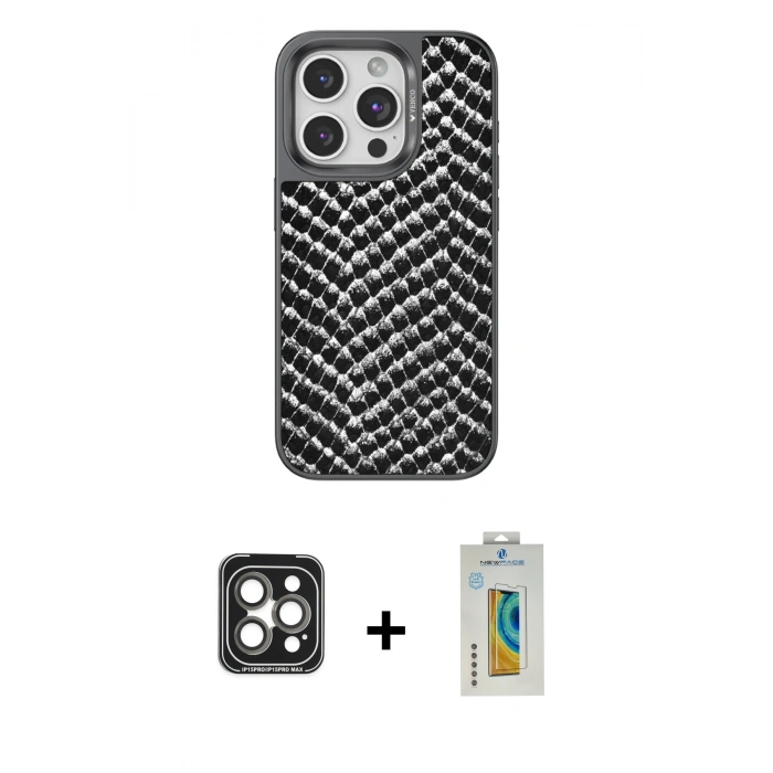 MARSİLYAN™- iPhone 15 Pro Max Kılıf Vadi Özel Seri - Siyah Polymer Nano Ekran Koruyucu + PVD Metal Kamera Lens - GI