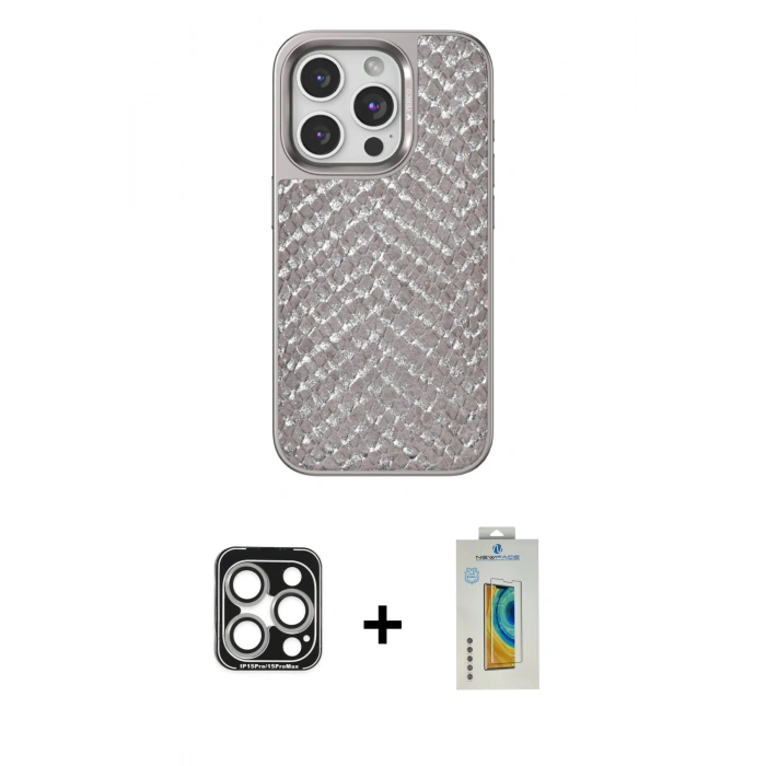 MARSİLYAN™- iPhone 15 Pro Max Kılıf Vadi Özel Seri - Siyah Polymer Nano Ekran Koruyucu + Gümüş PVD Metal Kamera Lens