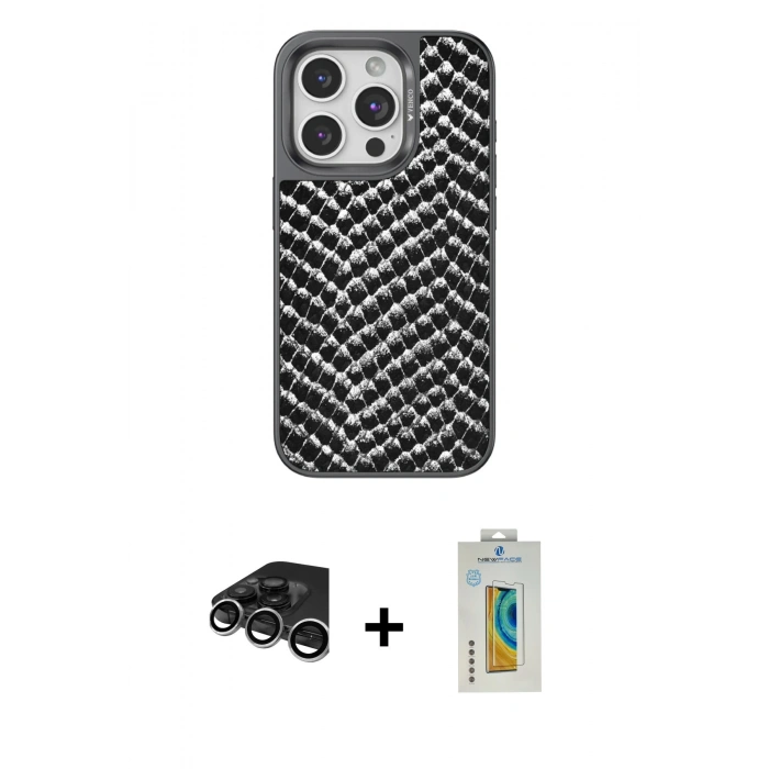 MARSİLYAN™- iPhone 15 Pro Max Kılıf Vadi Özel Seri - Siyah Polymer Nano Ekran Koruyucu + Raze Metal Kamera Lens - GS