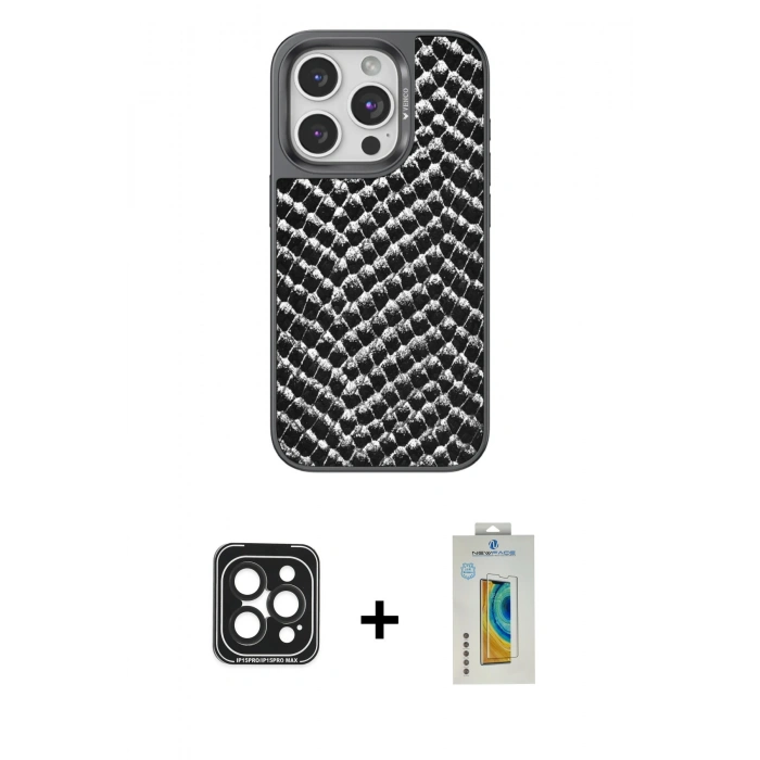 MARSİLYAN™- iPhone 15 Pro Max Kılıf Vadi Özel Seri - Siyah Polymer Nano Ekran Koruyucu + PVD Metal Kamera Lens - SH