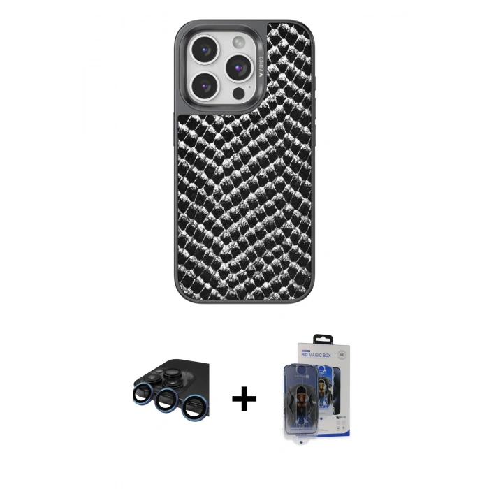 MARSİLYAN™- iPhone 15 Pro Max Kılıf Vadi Özel Seri - Siyah Vanessa Magic Cam + Lacivert Raze Metal Kamera Lens