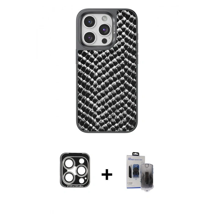 MARSİLYAN™- iPhone 15 Pro Max Kılıf Vadi Özel Seri - Siyah Vanessa Magic Hayalet Cam + PVD Metal Kamera Lens - GS
