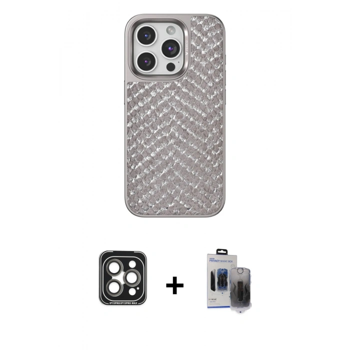 MARSİLYAN™- iPhone 15 Pro Max Kılıf Vadi Özel Seri - Siyah Vanessa Magic Hayalet Cam + PVD Metal Kamera Lens - GI