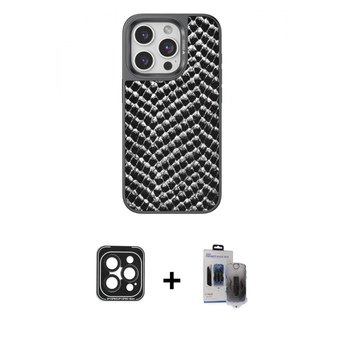 MARSİLYAN™- iPhone 15 Pro Max Kılıf Vadi Özel Seri - Siyah Vanessa Magic Hayalet Cam + PVD Metal Kamera Lens - SH