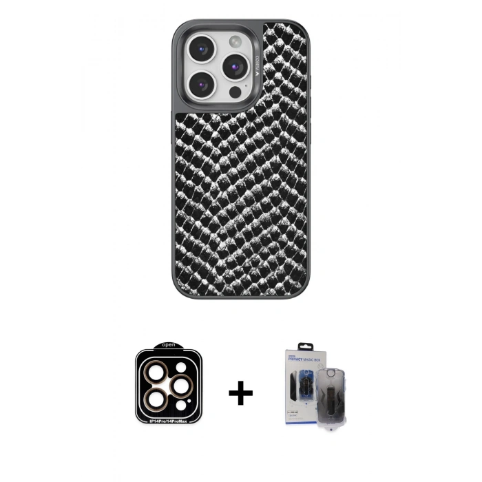 MARSİLYAN™- iPhone 15 Pro Max Kılıf Vadi Özel Seri - Siyah Vanessa Magic Hayalet Cam + PVD Metal Kamera Lens - TU