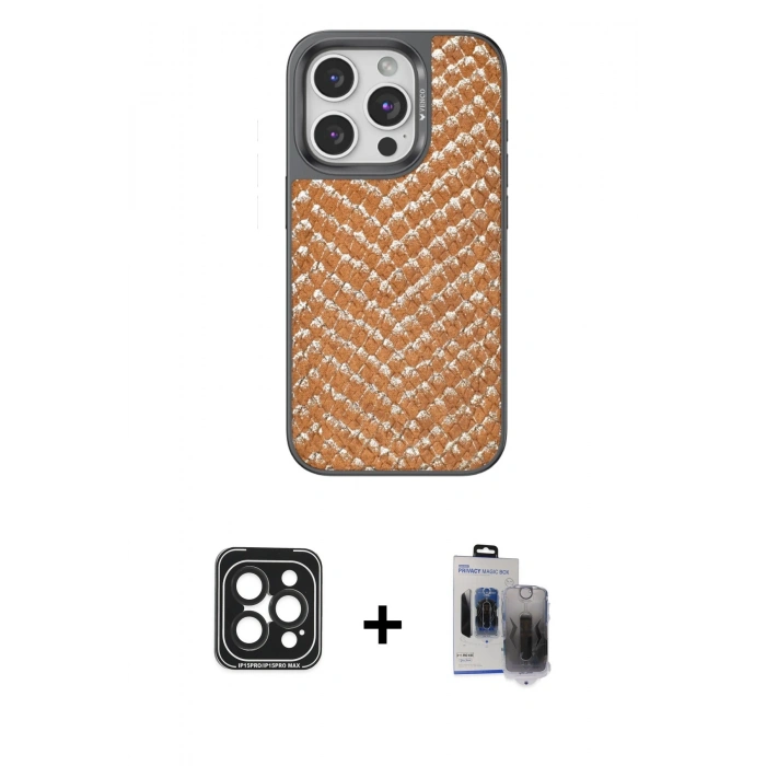 MARSİLYAN™- iPhone 15 Pro Max Kılıf Vadi Özel Seri - Siyah Vanessa Magic Hayalet Cam + PVD Metal Kamera Lens - SH