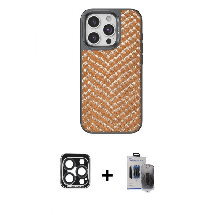 MARSİLYAN™- iPhone 15 Pro Max Kılıf Vadi Özel Seri - Siyah Vanessa Magic Hayalet Cam + PVD Metal Kamera Lens - LT