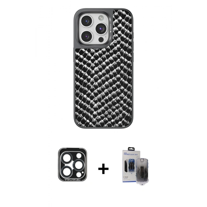 MARSİLYAN™- iPhone 15 Pro Max Kılıf Vadi Özel Seri - Siyah Vanessa Magic Hayalet Cam + PVD Metal Kamera Lens - LT