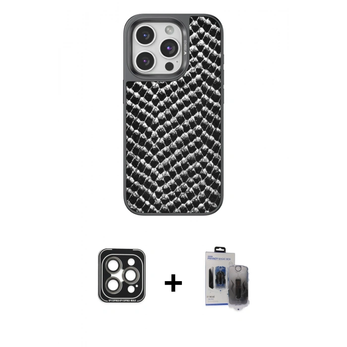 MARSİLYAN™- iPhone 15 Pro Max Kılıf Vadi Özel Seri - Siyah Vanessa Magic Hayalet Cam + PVD Metal Kamera Lens - GI