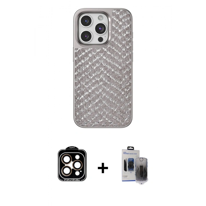 MARSİLYAN™- iPhone 15 Pro Max Kılıf Vadi Özel Seri - Siyah Vanessa Magic Hayalet Cam + PVD Metal Kamera Lens - TU