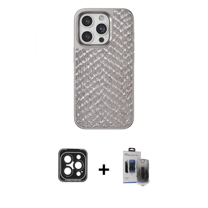 MARSİLYAN™- iPhone 15 Pro Max Kılıf Vadi Özel Seri - Siyah Vanessa Magic Hayalet Cam + PVD Metal Kamera Lens - SH