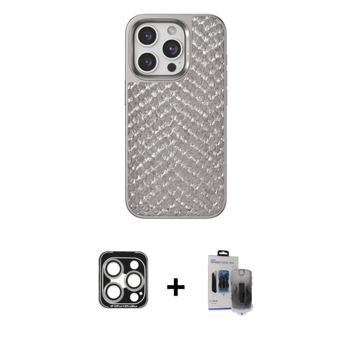 MARSİLYAN™- iPhone 15 Pro Max Kılıf Vadi Özel Seri - Siyah Vanessa Magic Hayalet Cam + PVD Metal Kamera Lens - GS