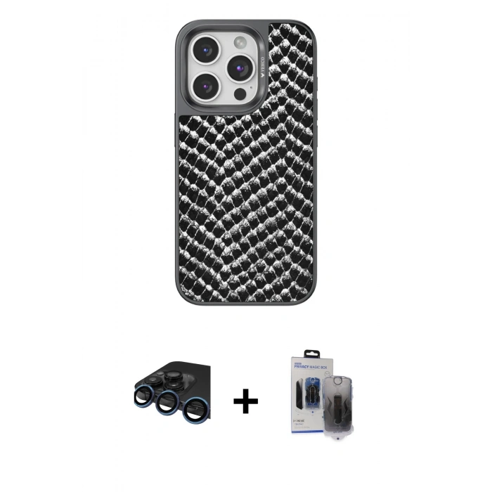 MARSİLYAN™- iPhone 15 Pro Max Kılıf Vadi Özel Seri - Siyah Vanessa Magic Hayalet Cam + Raze Metal Kamera Lens - LT