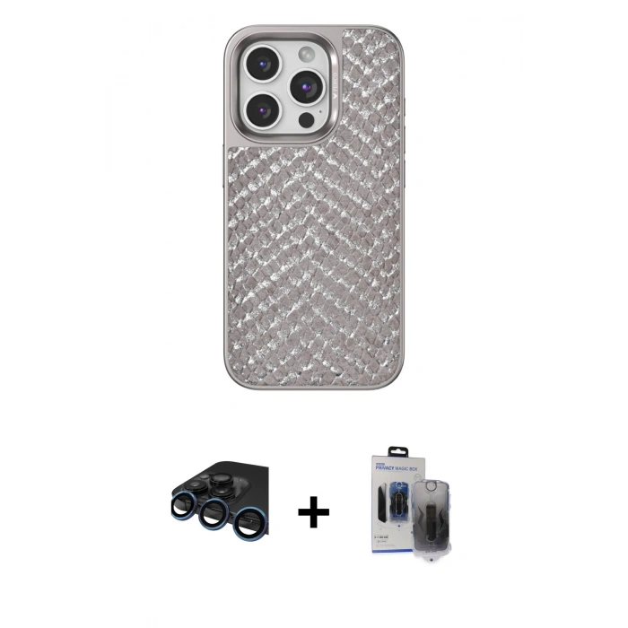 MARSİLYAN™- iPhone 15 Pro Max Kılıf Vadi Özel Seri - Siyah Vanessa Magic Hayalet Cam + Raze Metal Kamera Lens - LT