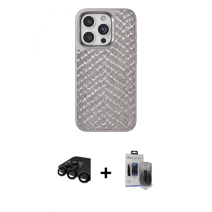 MARSİLYAN™- iPhone 15 Pro Max Kılıf Vadi Özel Seri - Siyah Vanessa Magic Hayalet Cam + Raze Metal Kamera Lens - SH