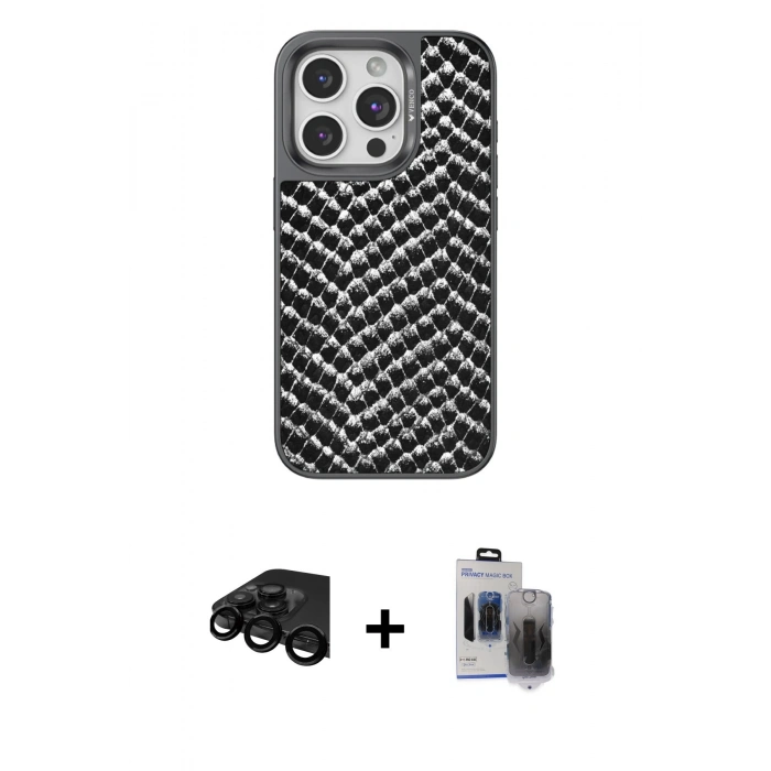 MARSİLYAN™- iPhone 15 Pro Max Kılıf Vadi Özel Seri - Siyah Vanessa Magic Hayalet Cam + Raze Metal Kamera Lens - SH
