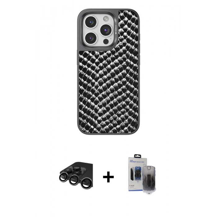 MARSİLYAN™- iPhone 15 Pro Max Kılıf Vadi Özel Seri - Siyah Vanessa Magic Hayalet Cam + Raze Metal Kamera Lens - TMGI