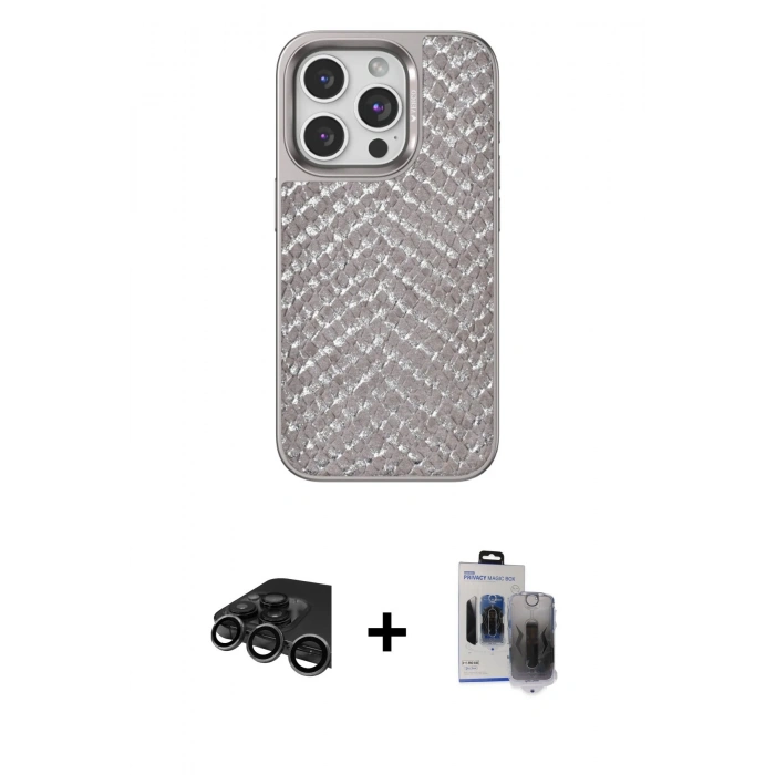 MARSİLYAN™- iPhone 15 Pro Max Kılıf Vadi Özel Seri - Siyah Vanessa Magic Hayalet Cam + Raze Metal Kamera Lens - TMGI