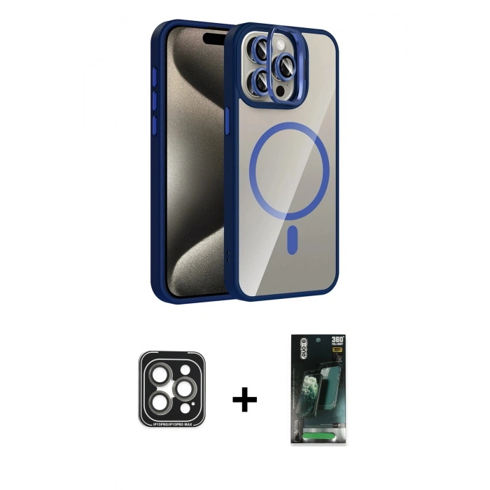 MARSİLYAN™- iPhone 15 Pro Max Kılıf Yadigar Asil Koleksiyonu - Şeffaf 360 Full Body Arka Koruyucu + Gri PVD Metal Kamera Lens