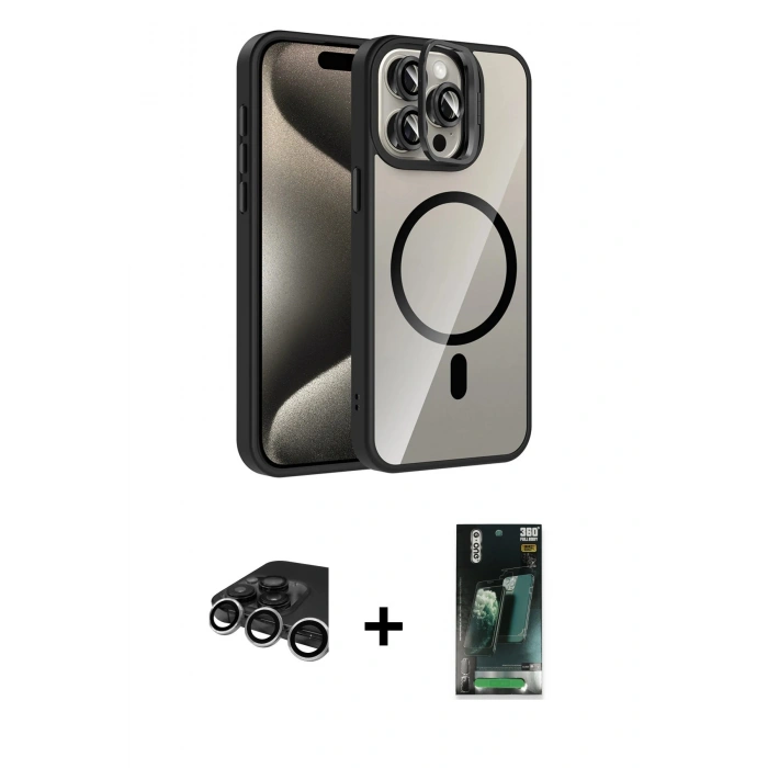 MARSİLYAN™- iPhone 15 Pro Max Kılıf Yadigar Asil Koleksiyonu - Şeffaf 360 Full Body Arka Koruyucu + Raze Metal Kamera Lens - GS