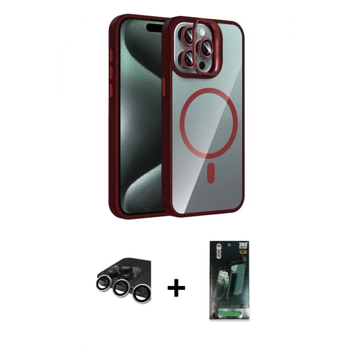 MARSİLYAN™- iPhone 15 Pro Max Kılıf Yadigar Asil Koleksiyonu - Şeffaf 360 Full Body Arka Koruyucu + Raze Metal Kamera Lens - GS