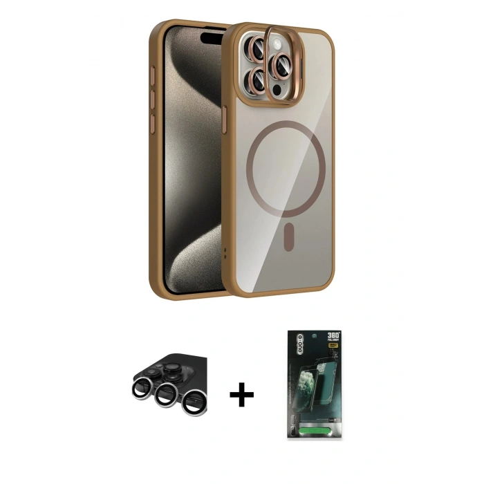 MARSİLYAN™- iPhone 15 Pro Max Kılıf Yadigar Asil Koleksiyonu - Şeffaf 360 Full Body Arka Koruyucu + Raze Metal Kamera Lens - GS
