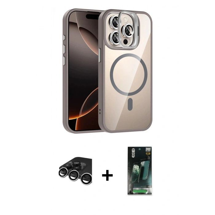 MARSİLYAN™- iPhone 15 Pro Max Kılıf Yadigar Asil Koleksiyonu - Şeffaf 360 Full Body Arka Koruyucu + Raze Metal Kamera Lens - GS