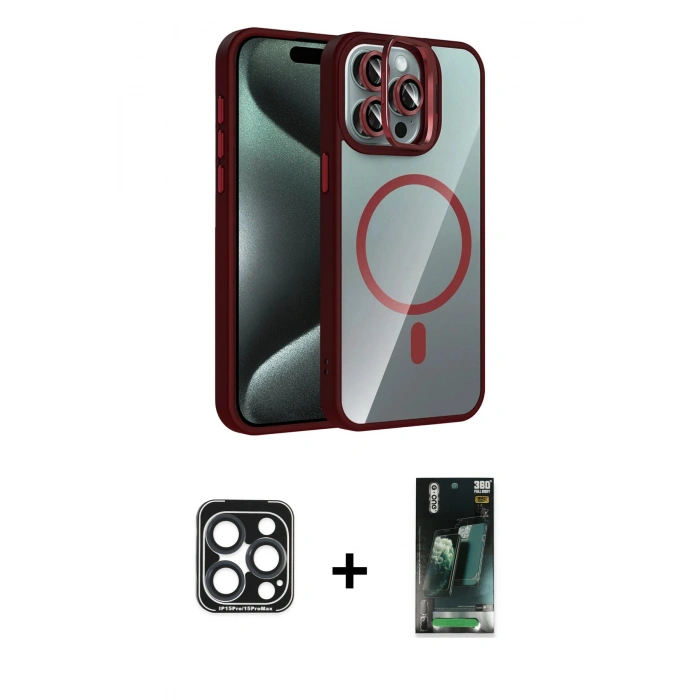 MARSİLYAN™- iPhone 15 Pro Max Kılıf Yadigar Asil Koleksiyonu - Şeffaf 360 Full Body Arka Koruyucu + PVD Metal Kamera Lens - LT