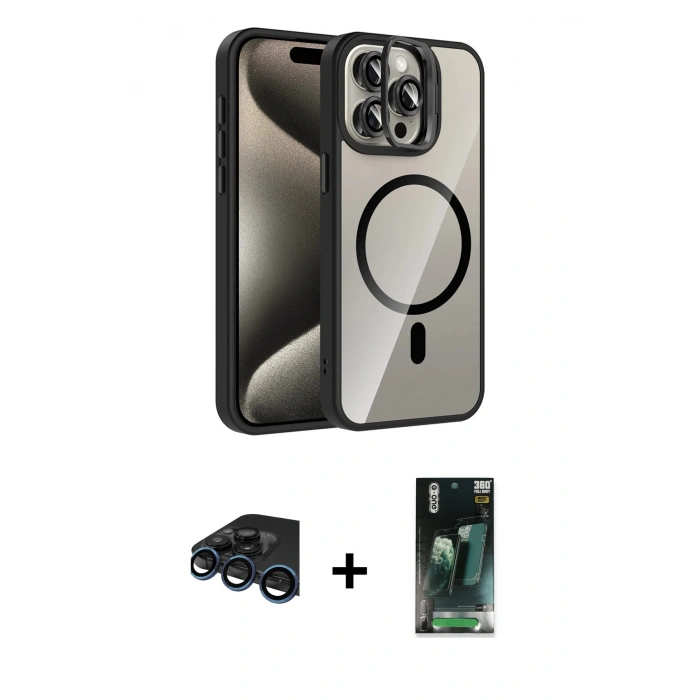 MARSİLYAN™- iPhone 15 Pro Max Kılıf Yadigar Asil Koleksiyonu - Şeffaf 360 Full Body Arka Koruyucu + Raze Metal Kamera Lens - LT