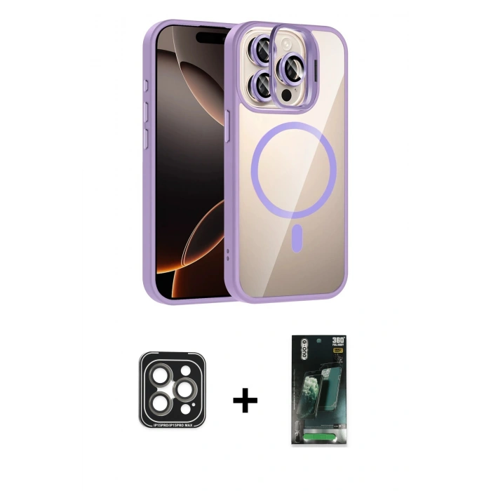 MARSİLYAN™- iPhone 15 Pro Max Kılıf Yadigar Asil Koleksiyonu - Şeffaf 360 Full Body Arka Koruyucu + PVD Metal Kamera Lens - GI