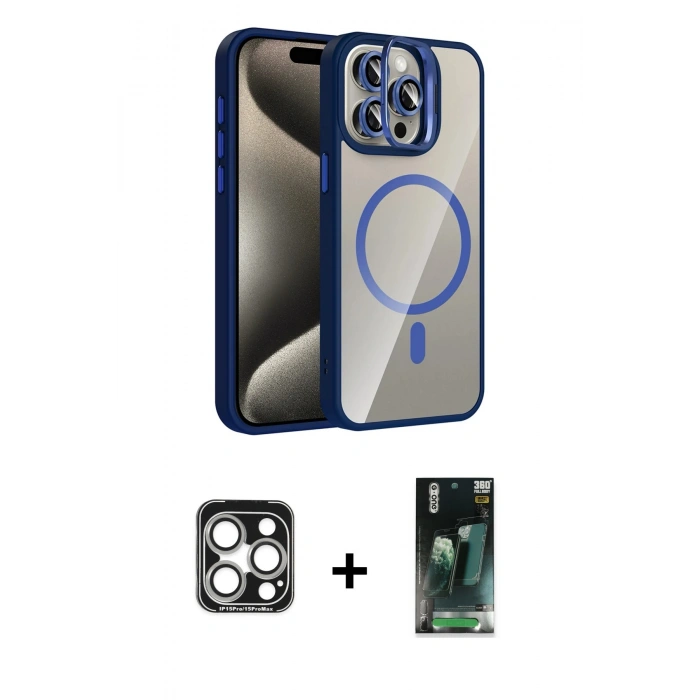 MARSİLYAN™- iPhone 15 Pro Max Kılıf Yadigar Asil Koleksiyonu - Şeffaf 360 Full Body Arka Koruyucu + PVD Metal Kamera Lens - GS